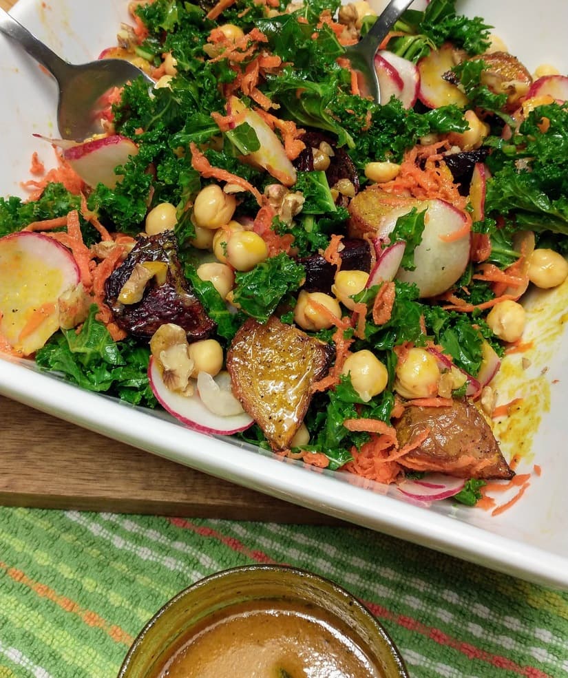 Healthy Beet and Kale Salad with Golden Ginger Turmeric Vinaigrette Dressing