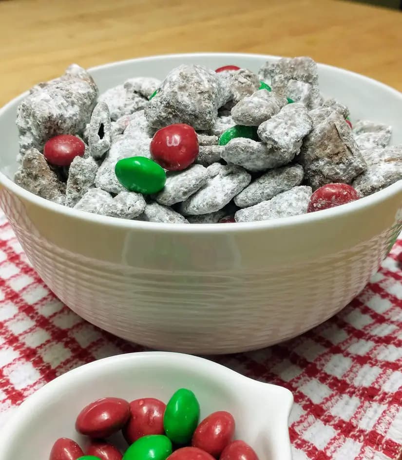 Christmas Puppy Chow with Peanut Butter Pretzels and M&Ms
