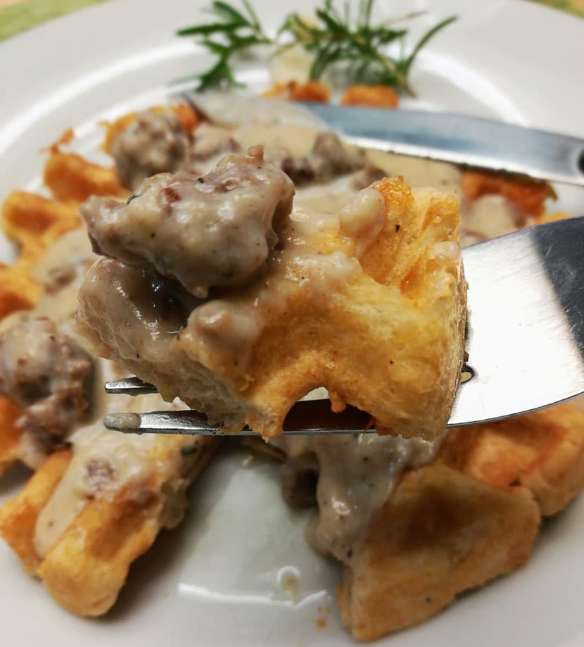 White Cheddar Biscuit Waffles and Sausage Gravy
