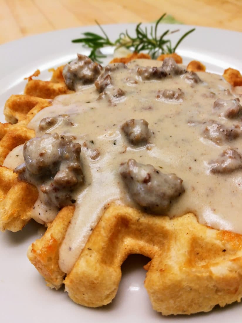 White Cheddar Biscuit Waffles with Rosemary Sausage Gravy