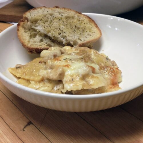 Cheesy French Onion & Chicken Ravioli Bake