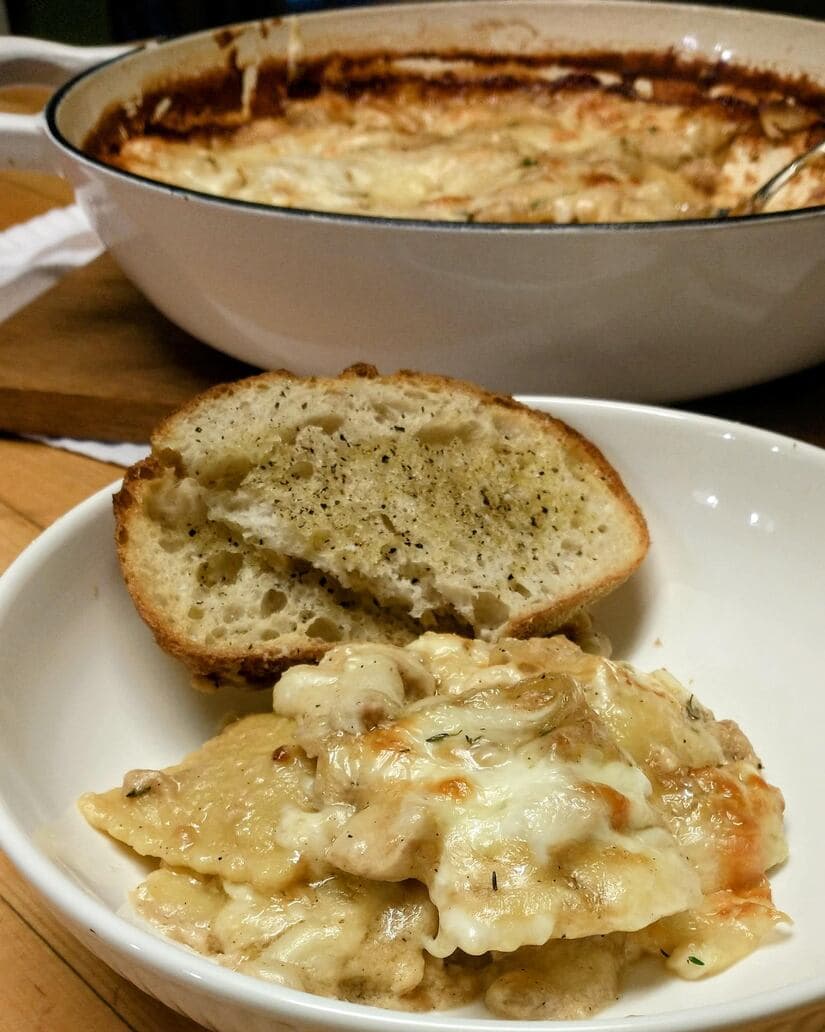 Cheesy Chicken and Ravioli Bake with Caramelized Onions