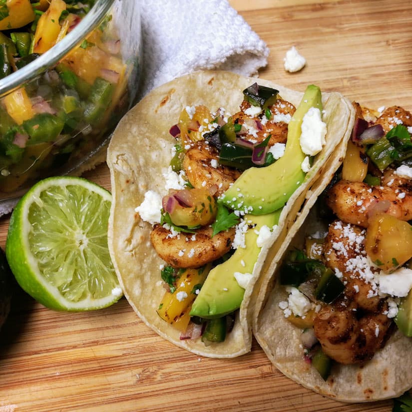 Chile Lime Shrimp Tacos with Grilled Pineapple and Poblano Salsa