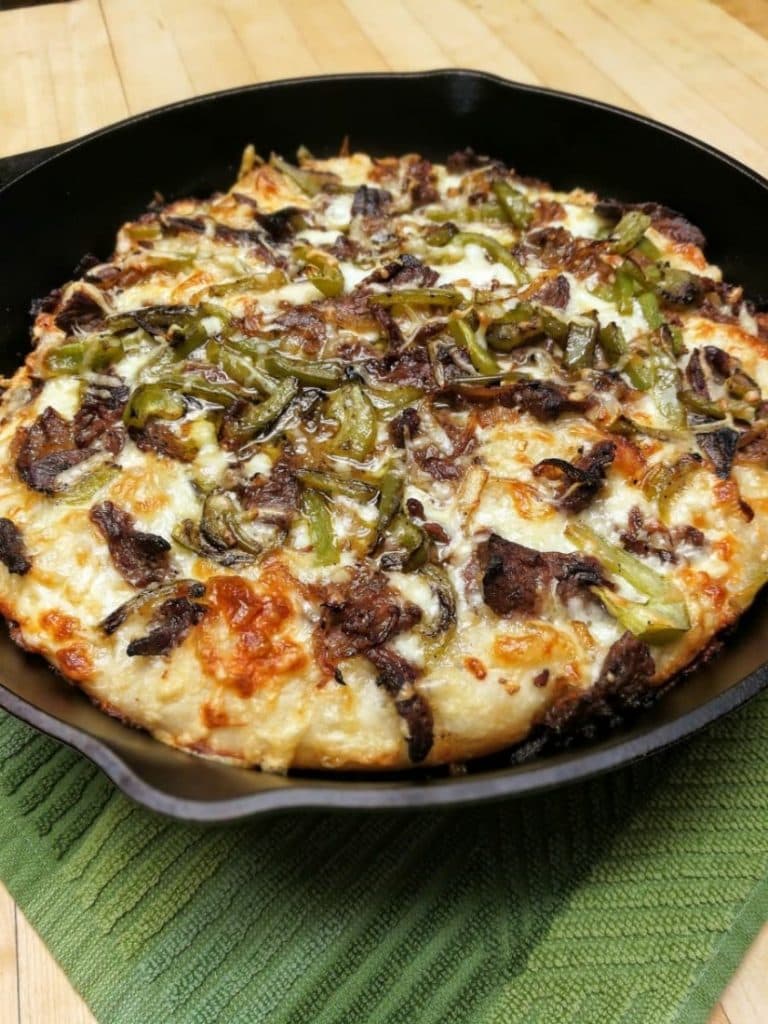 Philly Cheese Steak Pizza with Easy Deep Dish Pan Crust Namaste Home