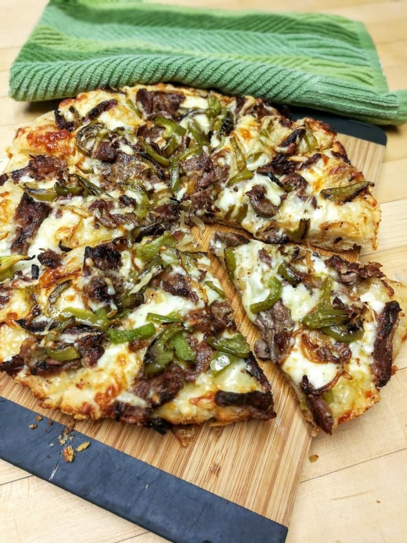 Philly Cheese Steak Pizza with Easy Deep Dish Pan Crust | Namaste Home ...