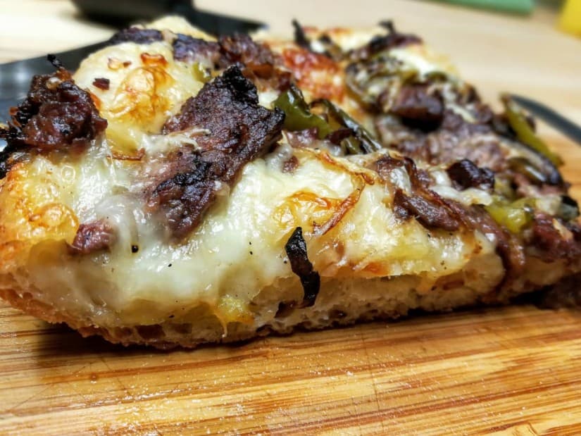 Philly Cheese Steak Pizza with Easy No Knead Pan Crust