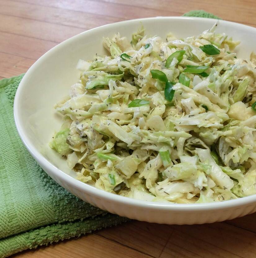 Creamy Dill Coleslaw with Pickles and Pickle Juice