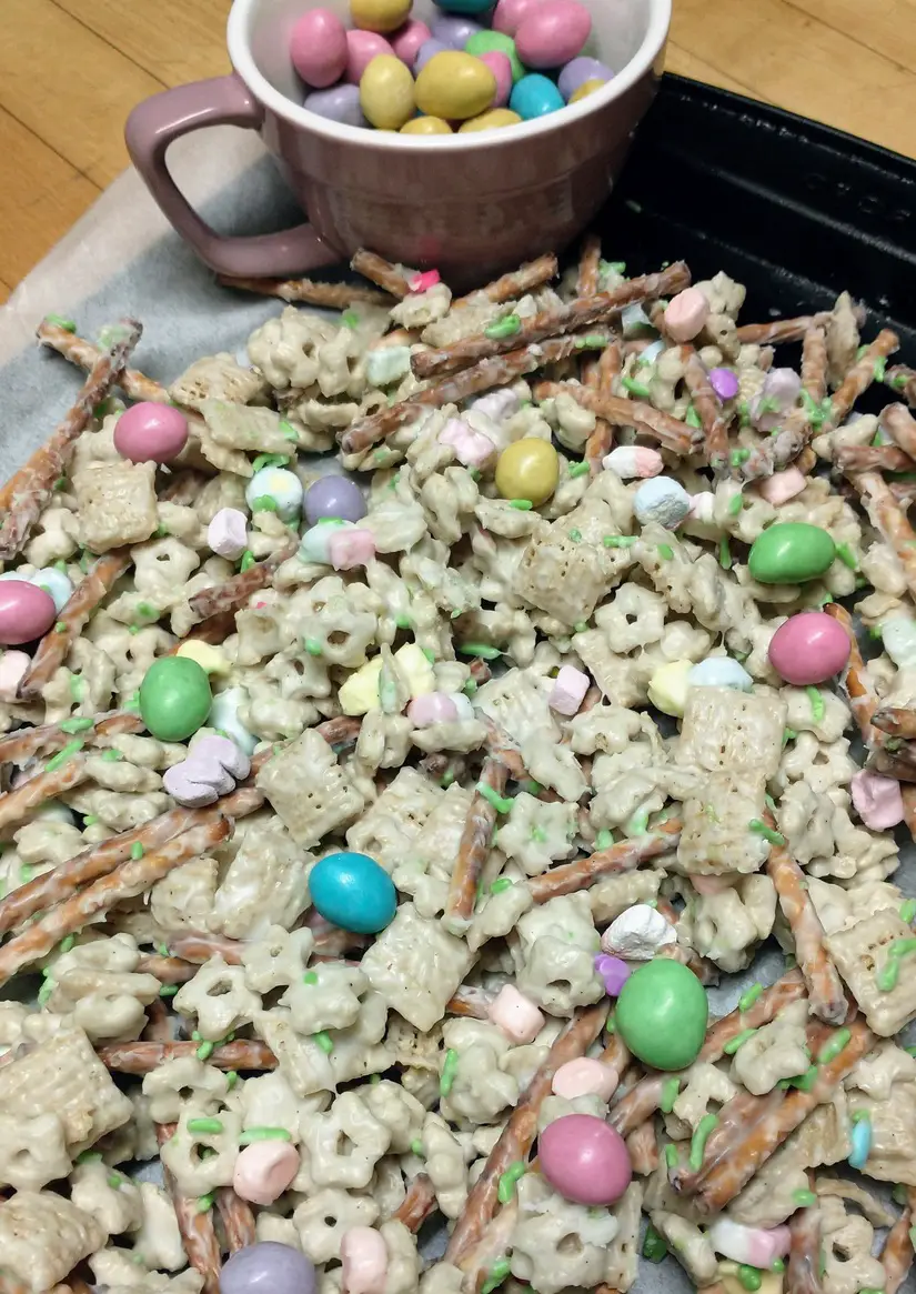 Easter Chex Mix Recipe with Lucky Charms Marshmallows and Pretzels