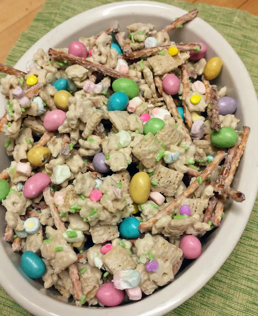 Spring Chex Mix with White Chocolate Coating, Lucky Charms, and Pretzels