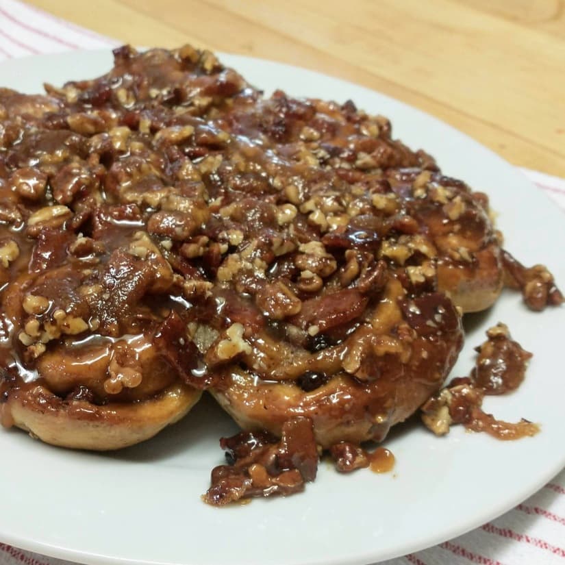 Easy Cinnamon Sticky Rolls with Bacon, Pecans, and Raisins
