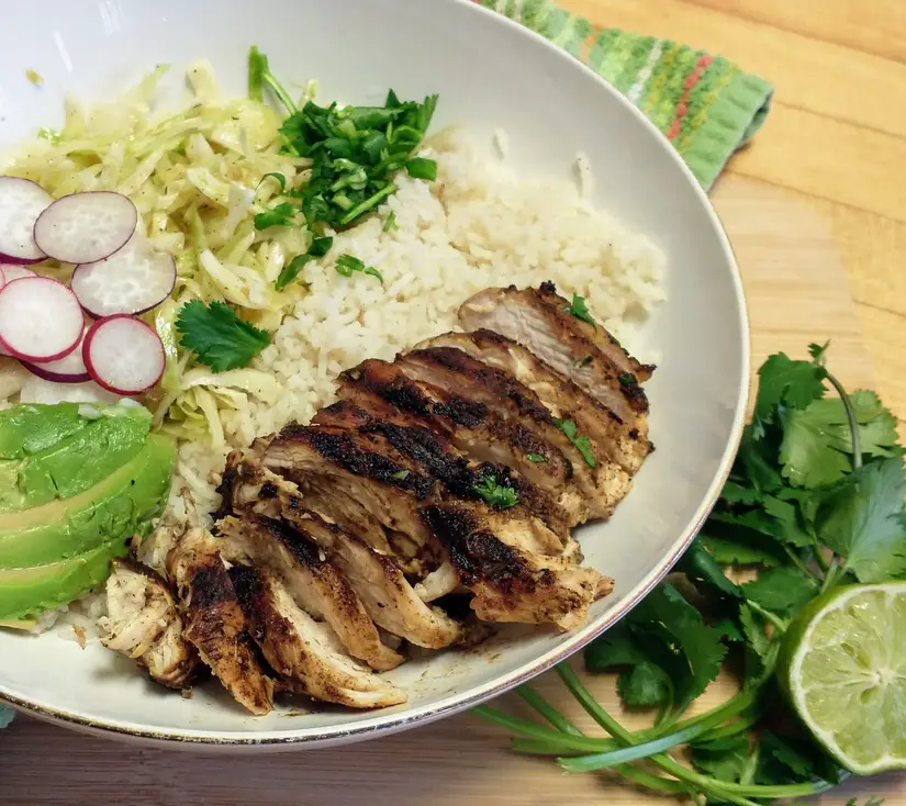 Chili Lime Chicken Taco Bowls with Salsa Verde Slaw and Garlic Rice