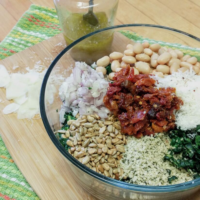 Lemony Kale and Great Northern Bean Salad Recipe with Hemp Hearts and Sunflower Seeds