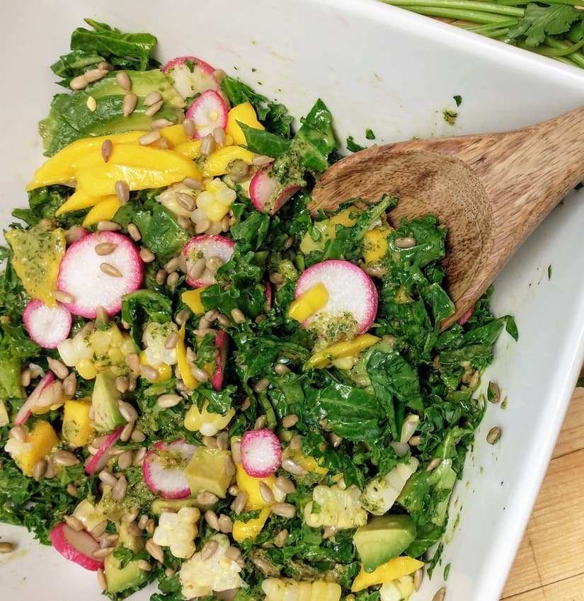 Mango Kale Salad with Corn, Radishes, and Avocado