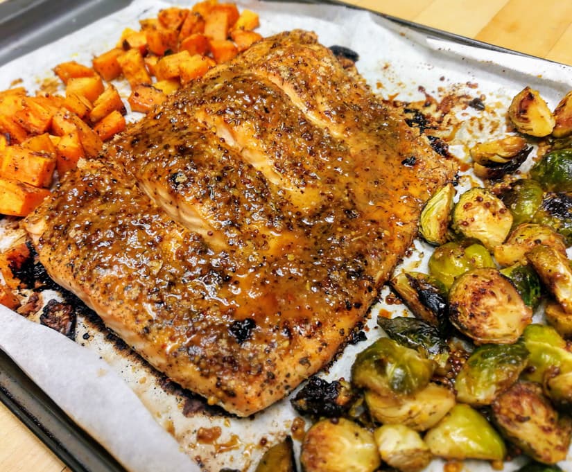 Maple Mustard Salmon, Brussels Sprouts, & Sweet Potato Sheet Pan Dinner