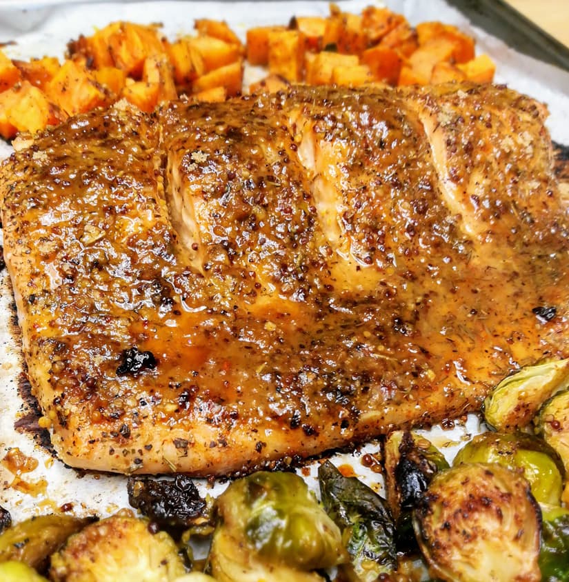 Maple Mustard Salmon Sheet Pan Dinner with Sweet Potatoes and Brussels Sprouts