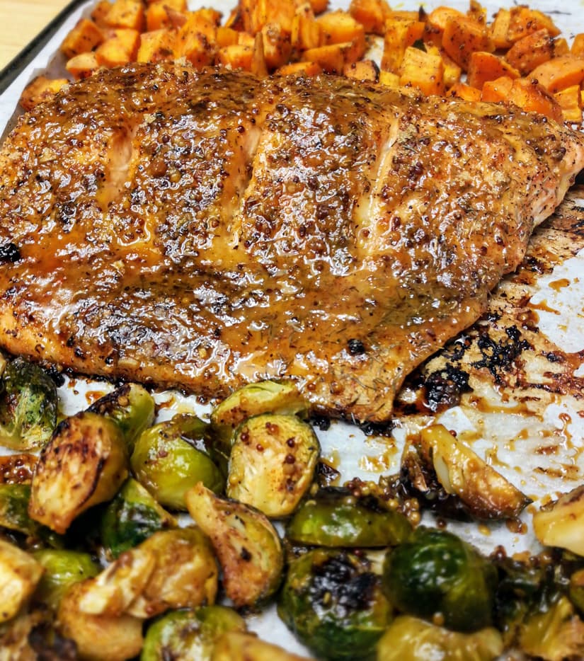 Salmon Sheet Pan Dinner with Maple Mustard Glaze