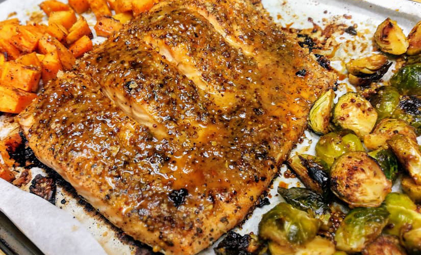 Maple Mustard Salmon, Brussels Sprouts, & Sweet Potato Sheet Pan Dinner Recipe
