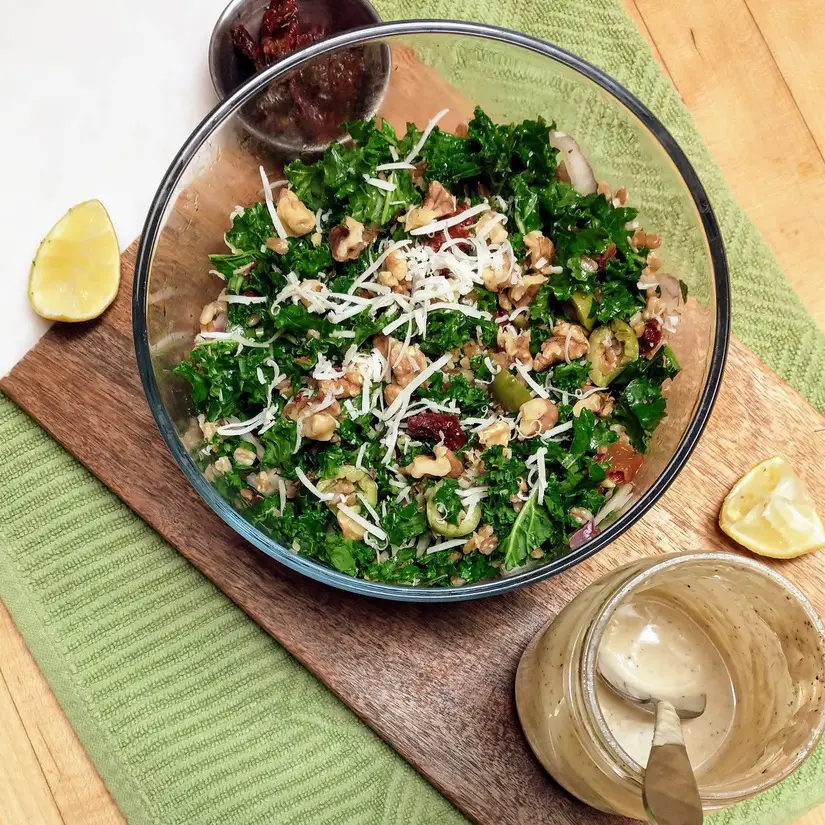 Mediterranean Kale Caesar Salad with Creamy Tahini Caesar Dressing