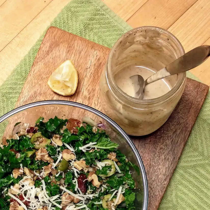 Mediterranean Kale Caesar Salad with Dairy Free Creamy Tahini Caesar Dressing
