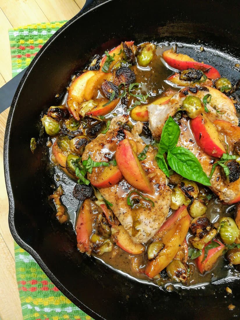 One Pan Pork Chops with Basil, Peaches, and Brussels Sprouts