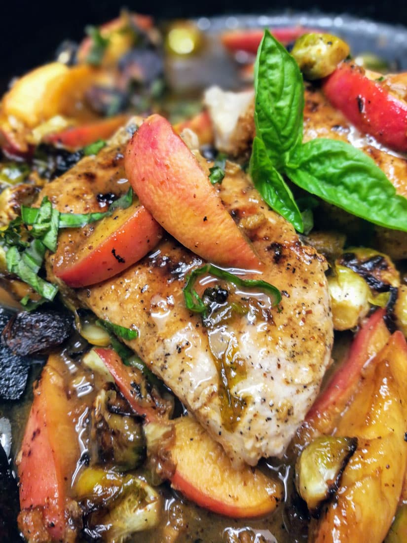 Skillet Pork Chops with Basil, Peaches, and Brussels Sprouts