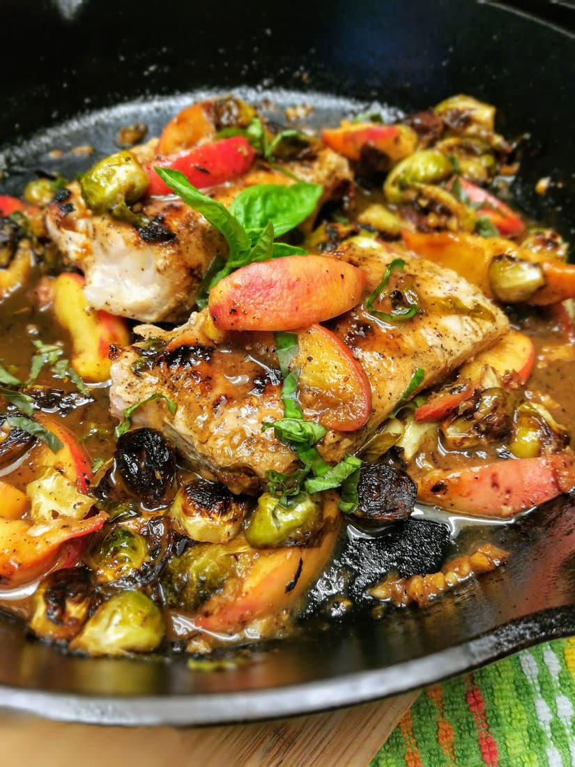 Quick Pan Seared Pork Chops with Basil, Peaches, and Brussels Sprouts Recipe