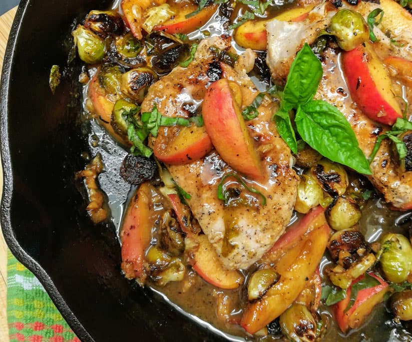 Pan Seared Pork Chops with Basil, Peaches, and Brussels Sprouts