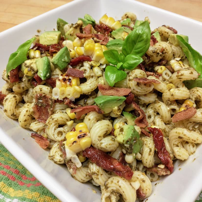 Pasta Salad with Pesto, Corn, Avocado, and Bacon