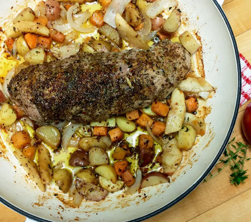 Pork Tenderloin with Apples and Sweet Potatoes One Pan Skillet