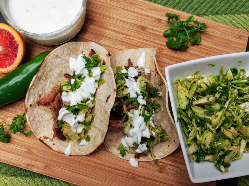 Pork Carnitas Tacos with Brussels Sprout Slaw