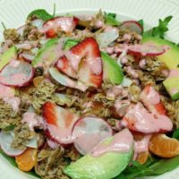 Strawberry Spinach Breakfast Salad with Granola Croutons & Greek Yogurt Dressing