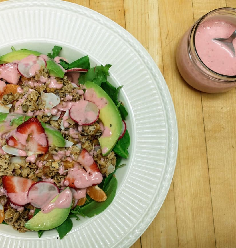 Strawberry Spinach Breakfast Salad with Granola Croutons