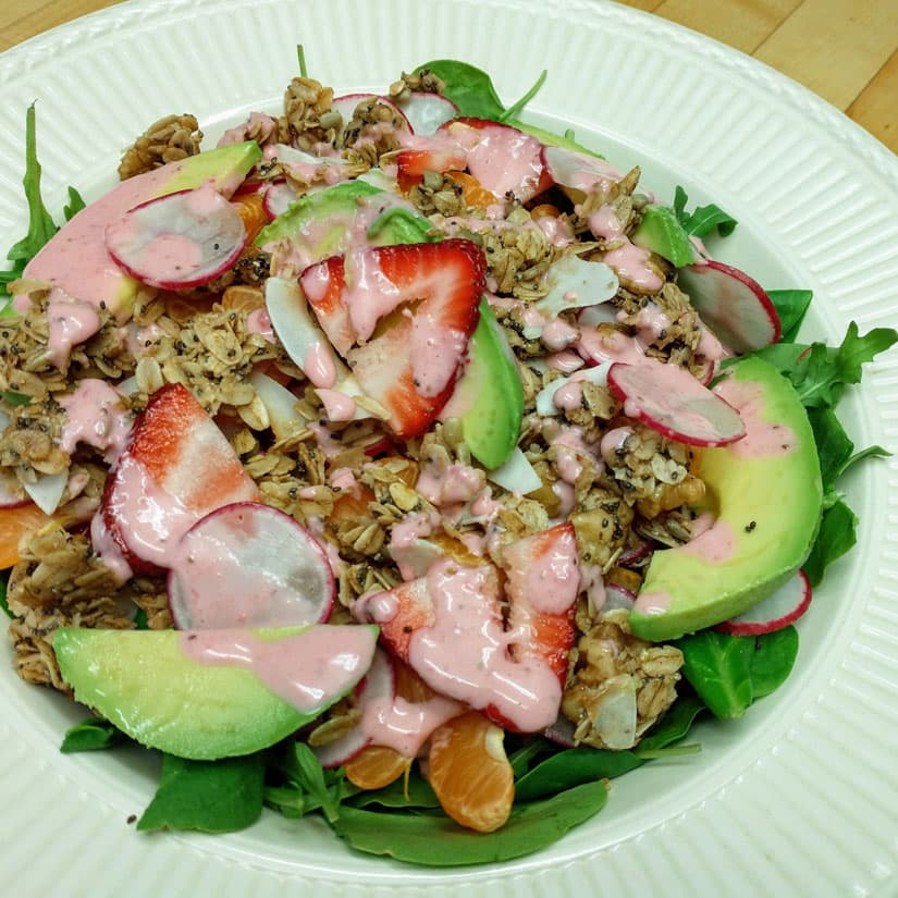 Breakfast Salad with Strawberries, Spinach, and Granola Croutons