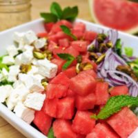 Watermelon, Feta, & Arugula Salad with Mint White Balsamic Vinaigrette