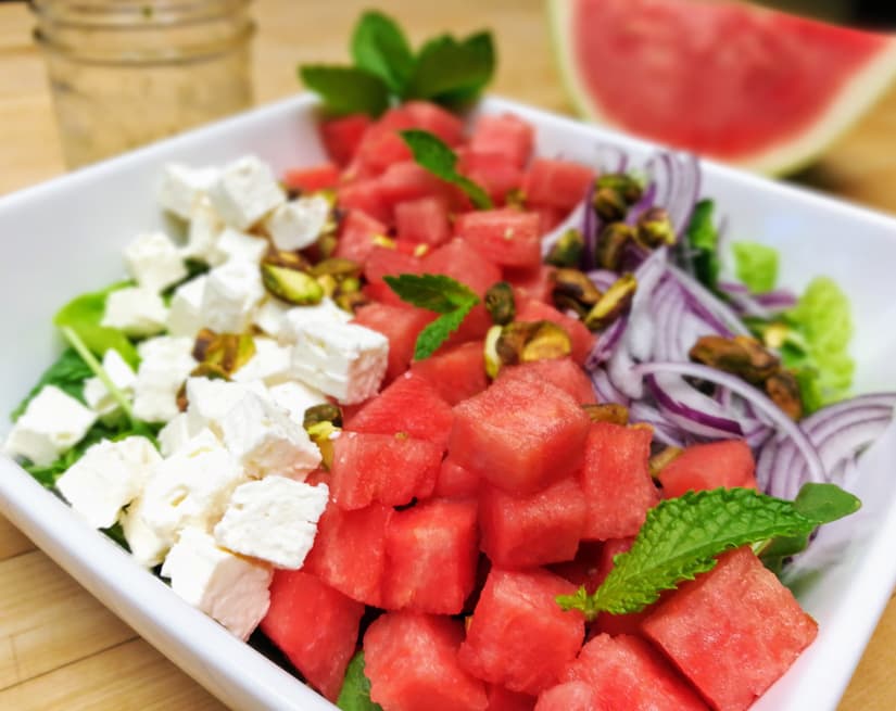 Watermelon, Feta, & Arugula Salad with Mint White Balsamic Vinaigrette