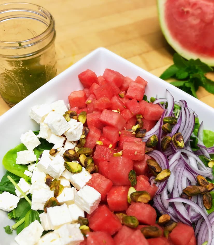 Watermelon & Arugula Salad with Mint White Balsamic Vinaigrette Dressing